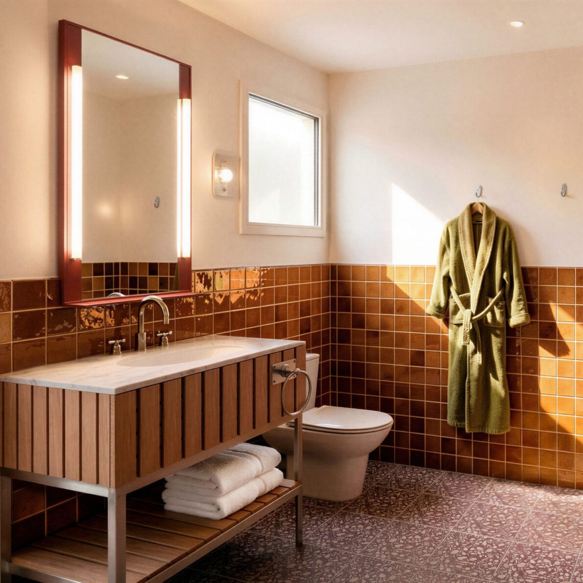 Sunlit bathroom with a wood vanity and large mirror, brown tiled walls, a window, toilet, and green robe hanging on a hook.