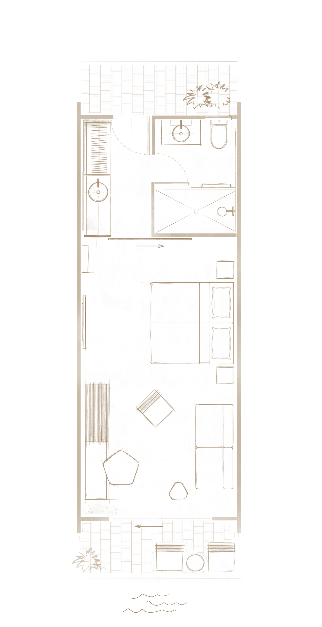 Distressed sepia illustration of a narrow room filled with chairs, shelves, framed panels, and circular motifs against a solid brown background.