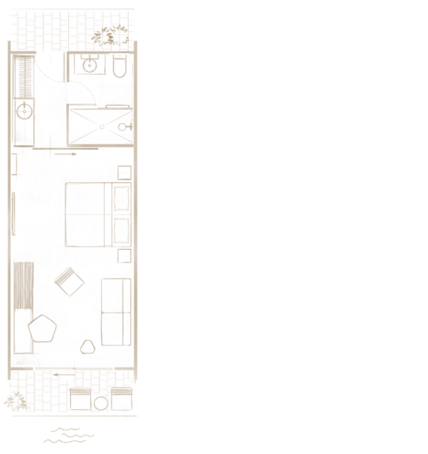 A tall, narrow tan panel with a dense grid and intricate diagram-like patterns, plus three wavy lines below, on a black background.
