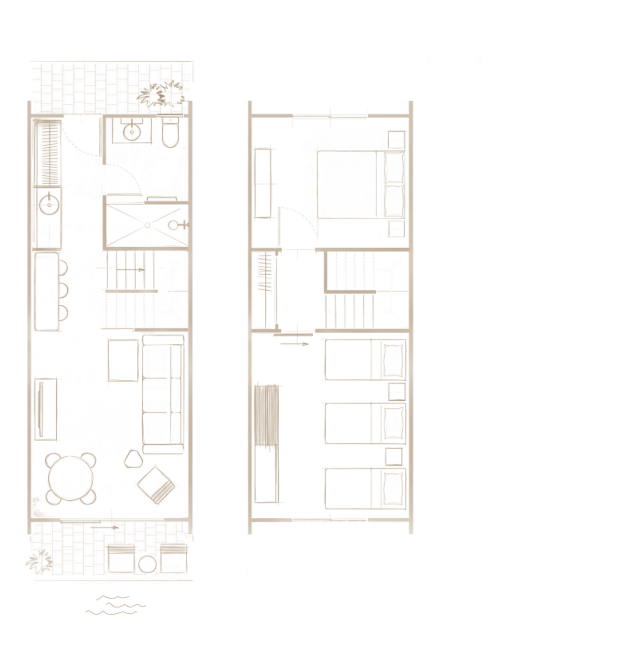 Two tan architectural floor plans on a black background, with room layouts, doors, windows, and fixtures.