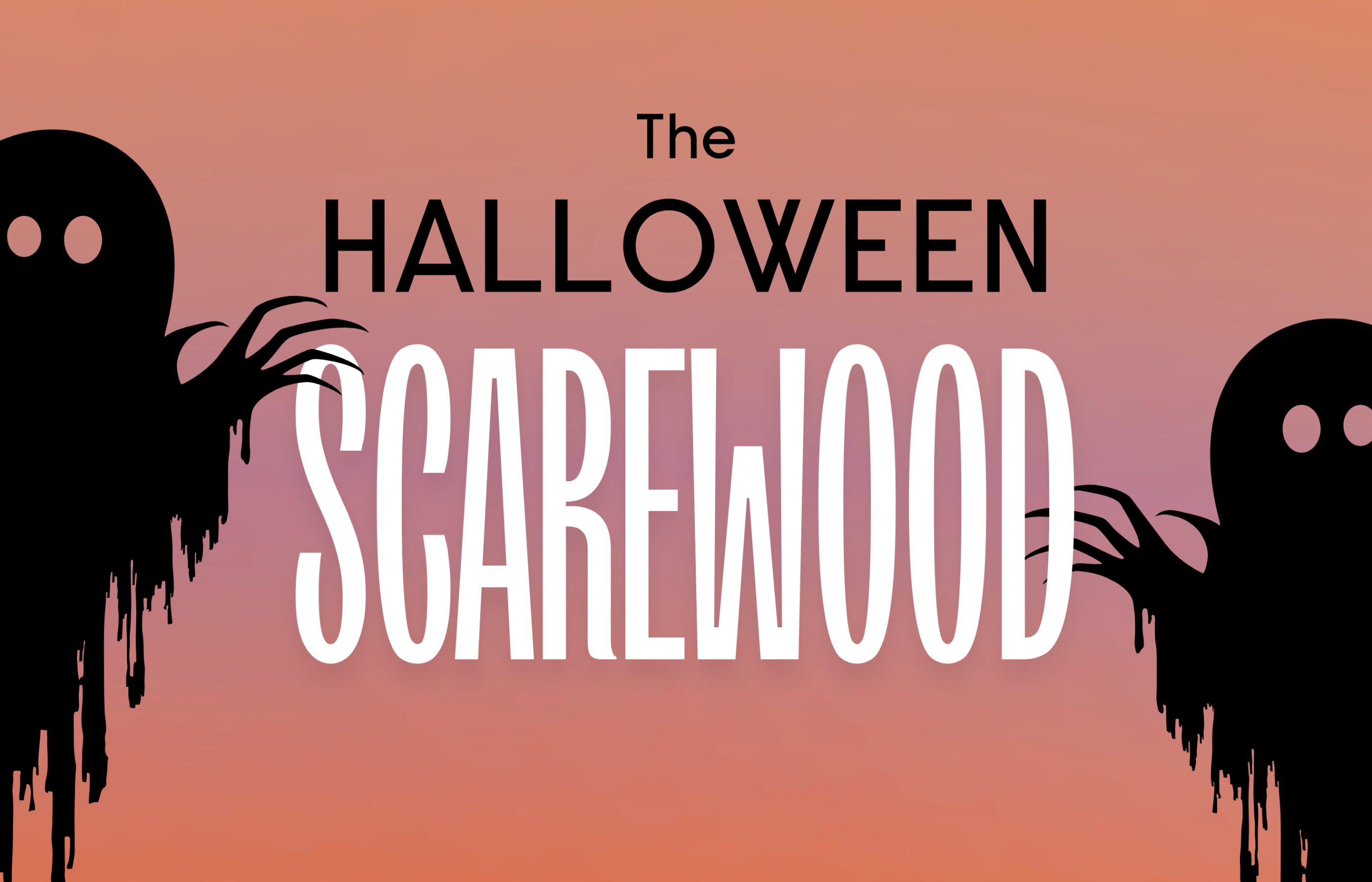 Halloween Scarewood title in black and white lettering, framed by black ghost silhouettes against a coral-pink background.